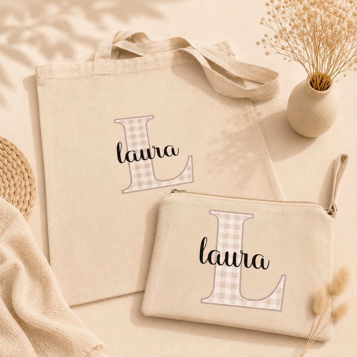 Conjunto tote bag & neceser inicial + nombre personalizado